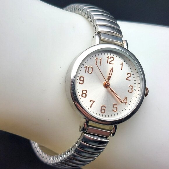 Ladies Silver Analog Watch With Stretch Band & Rose Gold Accents Stainless Steel - Picture 1 of 8